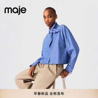 Maje2026 spring new women's french hot diamond process detachable bow tie striped short shirt blue s (1)
