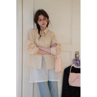 Eggka casual versatile yellow striped long-sleeved shirt e26a60055ym yellow striped s