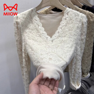 Miiow 2025 autumn and winter new style plus velvet thickened brushed lace bottoming shirt women's fat mm v-neck fashionable inner top trendy white m recommended 75-100jin jin equals 0.5 kg