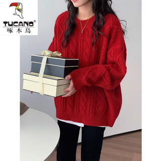 Woodpecker (tucano) red sweater women's 2025 winter new pullover loose outerwear knitted sweater lazy style thickened soft waxy twist top red m 90-105jin jin equals 0.5kg wear