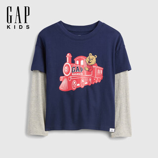 Gap (gap) boys 2026 spring new cotton printed logo fake two-piece long-sleeved t-shirt children's us version 884072