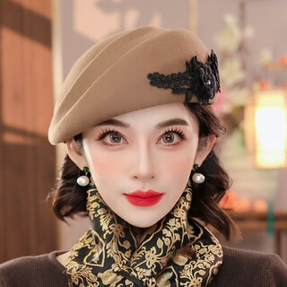 Buta autumn and winter beret wool hat british retro ins style small hat woolen shaped hat irregular handmade hat camel one size (50cm-60cm adjustable)