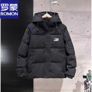 罗蒙（ROMON）男士羽绒服冬季加厚保暖面包服中青年潮流防寒2025新款连帽外套男 黑色 M