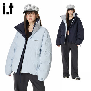 Ground zero reversible couple style letter embroidered 90 white duck down stand collar down jacket, navy blue 2xl