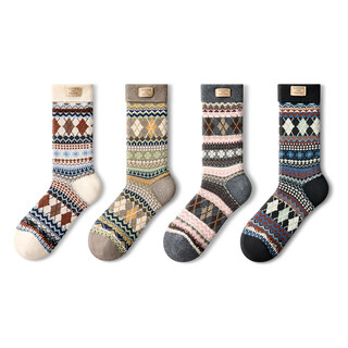 Pami socks for women in autumn and winter thickened warm mid-calf socks japanese retro ethnic style double needle boneless pile socks black + beige + dark gray + light brown one size fits all (suitable for sizes 36-39)