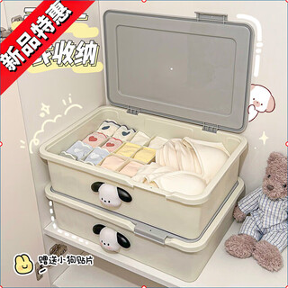 Shantou lincun underwear, socks, three-in-one home storage box, student dormitory storage box, intimate clothing compartment artifact, cream white, 17 compartments with cover, free puppy stickers, three-in-one storage model