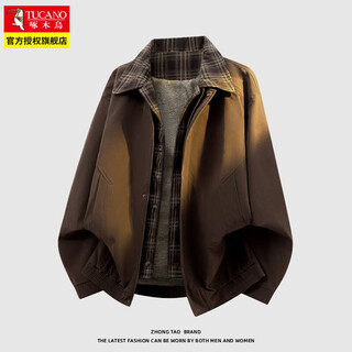 Woodpecker fake two-piece plaid lapel cotton jacket for men in winter new loose velvet thickened large size boys jacket brown xl recommended 135-155jin jin equals 0.5kg