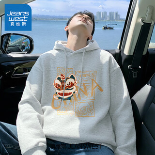 Jeanswest early spring hooded sweatshirt men's heavyweight stiff top 2026 new versatile commuting skin friendly casual undershirt men white gray (great kung fu lion wake) s (165) (strict quality control)