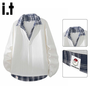 Chocoolate it men's fashion brand american fake two-piece sweatshirt men's 2026 spring new plaid splicing versatile top trendy white counter quality m recommended 90-110jin jin equals 0.5 kg