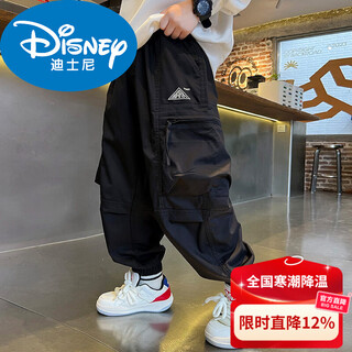 Disney boys' fleece overalls, one-piece fleece casual warm autumn and winter clothing, new children's pants, handsome loose pants for the new year, cotton-padded black single pants 150 cm