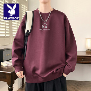 Playboy (playboy) round neck sweatshirt men's spring 2026 new junior high school students casual loose long-sleeved t-shirt teenagers trendy tops burgundy m
