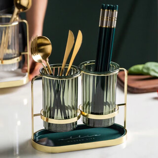 Fancychic kitchen rack new chopstick storage tube wall-mounted punch-free drain chopstick cage light luxury green gold-pure metal double tube