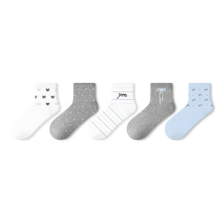 Pami gray bow socks for women spring and autumn mid-calf socks 2025 new sweet polka dots with small leather shoes student cotton sweet bow-pack 5 pairs one size fits all (suitable for sizes 36-39)