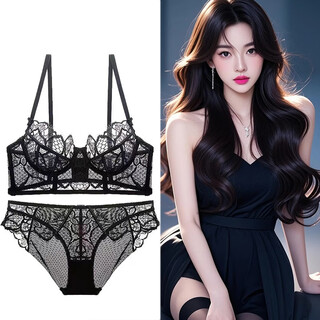 Victoria palace lace underwear ultra-thin women's large breasts show small sexy pure desire simple breathable push-up push-up side breast bra set black bra + panties 70b /32b with s size panties