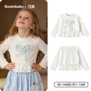 Keying gowinbaby children's clothing girls bow t-shirt 2026 spring girls lace top sweet baby girl long-sleeved thin cute off-white t-shirt 90 (suitable for height 80cm-90cm)