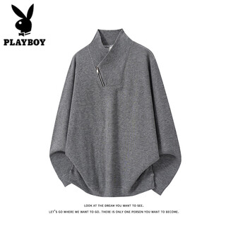 Playboy (playboy) american diagonal zipper sweatshirt men's spring and autumn velvet design long-sleeved t-shirt heavyweight thickened warm inner top dark gray m