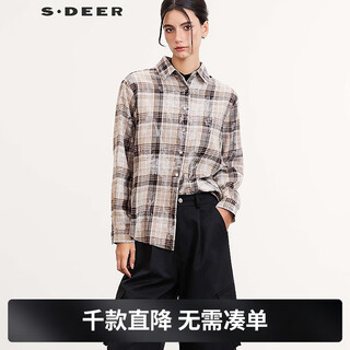 S.deer women's 26th new product lazy casual lapel contrast color plaid loose shirt s261z0503 pink brown/39 s