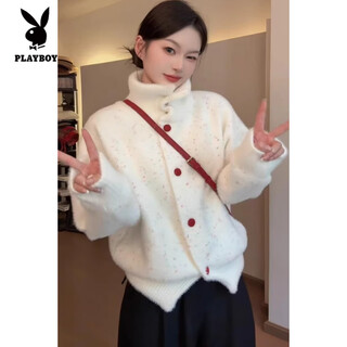 Playboy (playboy) korean high-neck knitted cardigan for women in spring, autumn and winter, candy button soft waxy sweater, lazy style design, thickened jacket, white s