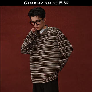 Giordano designer 2026 spring new style pocket loose round neck striped t-shirt men's long sleeve 18026703 05 brown green striped m