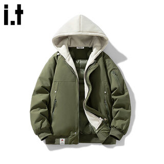 Chocoolate it men's fake two-piece jacket hooded cotton jacket men's 2026 spring new plus velvet warm loose and versatile jacket army green s recommended 80-105jin jin is equal to 0.5 kg