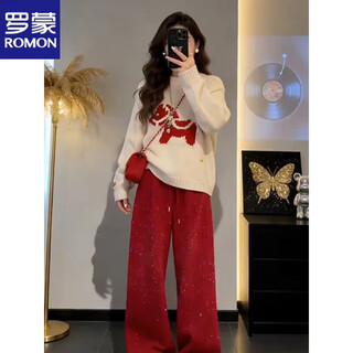 Romon 2026 spring new french style soft round neck new year's sweater women's fine sparkling wide leg pants two-piece set red pants (regular) l (105-115jin jin is equal to 0.5 kg)