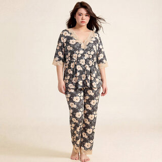 Minagawa (mynight) minagawa large size suit modal printed lace v-neck mid-sleeve comfortable sleeping home wear pajamas spring and autumn thin twilight blue m (weight 100-120jin jin equals 0.5 kg)