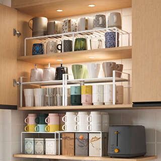 Pupan cup storage rack cup rack tea cup water glass corner utensil display rack telescopic layered cup rack cabinet white foldable telescopic rack (no installation needed)