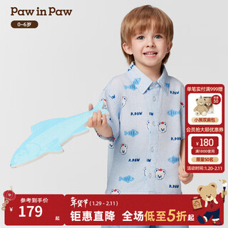 Pawinpaw cartoon bear children's clothing 25 spring and summer new baby boy lapel printed shirt comfortable and versatile blue blue/50 100