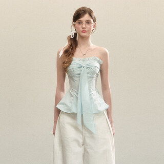 Qd sweet and cute style bow tie design tube top new style waist slim sweet spicy top summer blue s