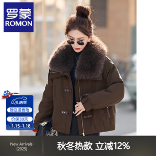 Romon jacket women's fashionable big fur collar plus velvet jacket 2025 winter new hot style casual small man style thickened dark coffee color m