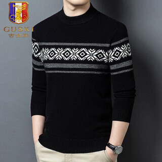 Guski light luxury brand high-end men's pure wool sweater casual sweater business warm knitted round neck casual bottoming shirt black exquisite gift box m (105)