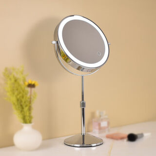 Large led makeup mirror that can be lifted and lowered. telescopic double-sided illuminated mirror. desktop magnifying mirror. desktop beauty mirror can be adjusted in height. 8 inches. silver. can be lifted and lowered. 5x magnification.