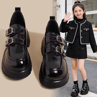 Amiai (amiai) chaussures en cuir pour filles 2025 nouvelles chaussures de princesse style automne et hiver mocassins polyvalents à la mode performance chaussures pour enfants noires taille noire 37 / longueur intérieure de la chaussure environ 23 cm