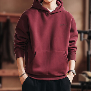 Green deer american heavyweight simple embroidery hooded sweatshirt men's spring and autumn trendy loose red new year's top jacket maroon l suitable for 120-140jin jin equals 0.5 kg