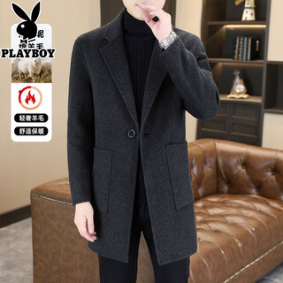 Playboy (playboy) mid-length woolen coat men's high-end light luxury double-sided woolen coat men's long high-end winter windbreaker men's black xl recommended 135-150jin jin equals 0.5 kg