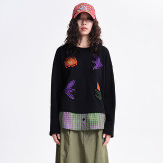 Moveup 2026 spring new style.fun series round neck fun embroidered contrast check pattern short sweatshirt women night black s