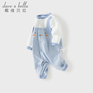 Dave&bella newborn pure cotton romper 2026 spring new antibacterial and anti-mite baby boy jumpsuit newborn baby pajamas blue and white stripes ready stock 80cm (recommended height 73-80cm)