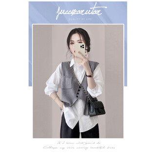 Hengyuanxiang 2026 early spring new style lively and playful two-piece suit loose solid color shirt irregular design knitted vest gray one size
