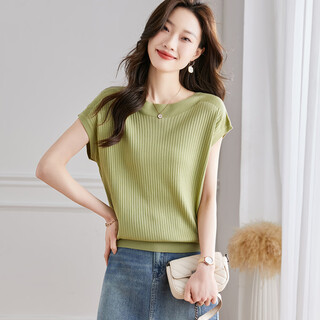 Shexi (srcr) contains mulberry silk, one-line collar knitted top for women, spring and autumn style, belly-covering short-sleeved t-shirt