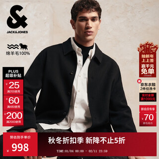 Jack&jones men's autumn woolen coat pure wool daily commuting single-breasted loose long-sleeved coat 225427016 e40 black s (170)