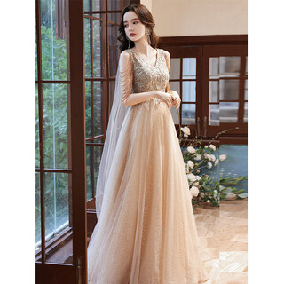 Year of tea (chanian) annual party evening dress new light luxury niche high-end 18-year-old adult ceremony host banquet performance clothing for women champagne xl