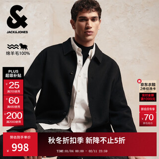 Jack&jones men's autumn woolen coat pure wool daily commuting single-breasted loose long-sleeved coat 225427016 e40 black l (180)