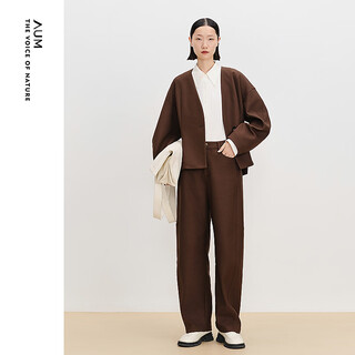 Aum easy suit 2025 spring new lamb leg sleeve waist tweed short jacket wide leg pants brown jacket s