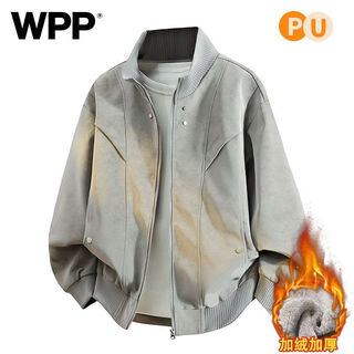 Wpp american rib Воротник-стойка Пилотная кожаная куртка из искусственной кожи Мужская осенне-зимняя заклепочная бархатная утолщенная куртка большого размера Бархатный стиль - светло-серый m Рекомендуется 90-110 jin jin равен 0,5 кг