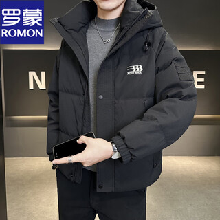 Romon white duck down jacket men's short winter 2025 new high-end hooded handsome thickened winter coat trendy brand black m