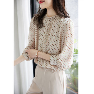 Demana (dme) polka dot puff sleeve shirt spring and autumn stand-up collar fitted long-sleeved commuter shirt women's top
