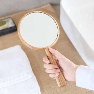 Solid wood led handle makeup mirror charging with light portable handheld dressing and beauty mirror custom logo lettering oak round