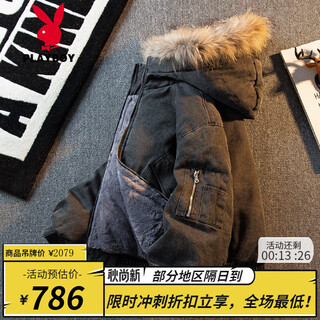 Playboy heavyweight canvas washed denim jacket men's winter down jacket plus velvet thickened mountain carving jacket black removable fur collar s (90-110jin jin is equal to 0.5kg)