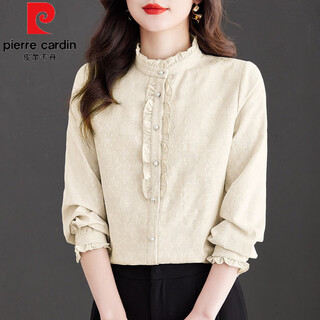 Pierre cardin fashion jacquard long sleeve shirt women's spring clothing 2026 new fungus trim age-reducing shirt western style small stand-up collar top apricot m