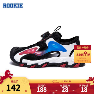 Rookie children's shoes for boys and girls, toe-toe anti-collision sandals, summer new outdoor breathable twist-buckle children's sports sandals, black/white 28, recommended foot length 17.5cm